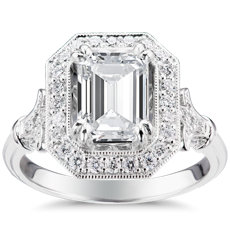 Blue Nile Studio Emerald Vintage Fleur de Lis Halo Engagement Ring in Platinum